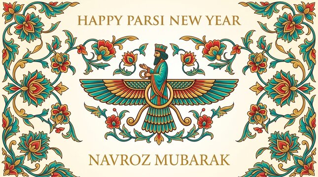 Elegant Parsi New Year celebration with Faravahar art for Navroz Mubarak greeting card design