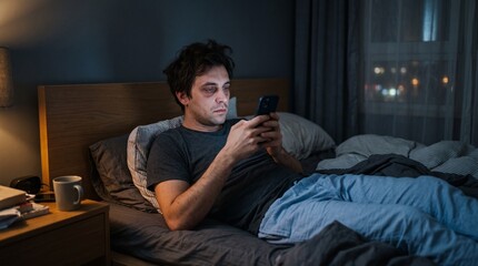 Fototapeta premium Tired Young Man Using Smartphone in Bed at Night with Dark Circles