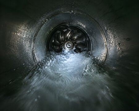 Water surging fiercely through penstock pipe into turbine dark enclosed space