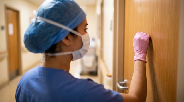 Female healthcare professional in scrubs, surgical cap, and face mask knocking on a patient room door in a hospital corridor, emphasizing medical care.