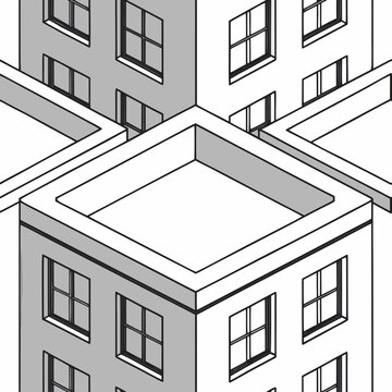 Pattern, houses, roofs, streets, architecture, vector, graphics, lines, seamless pattern, textured ornament, symmetry, geometry, city, textile, style, design, multidimensionality, multistructure