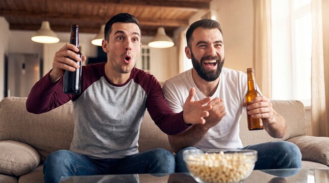 Two men celebrating while watching a sports game at home, holding beer bottles and sitting on a couch with popcorn in a cozy living room