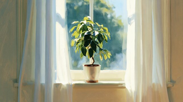Small green potted plant sitting on window sill behind sheer white curtains at daylight.