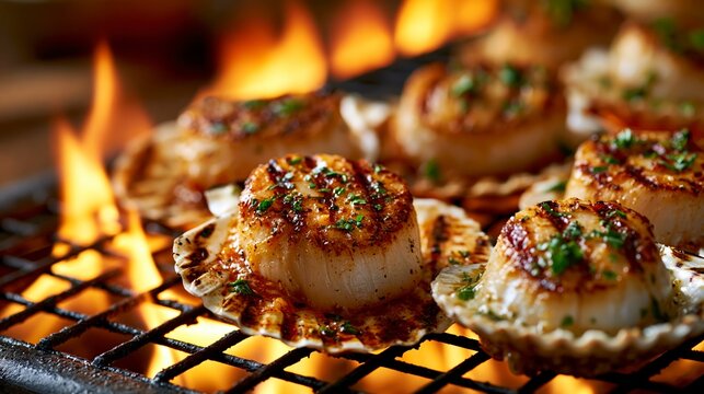 Grilled scallops in shells cooking over an open flame on a barbeque grill.