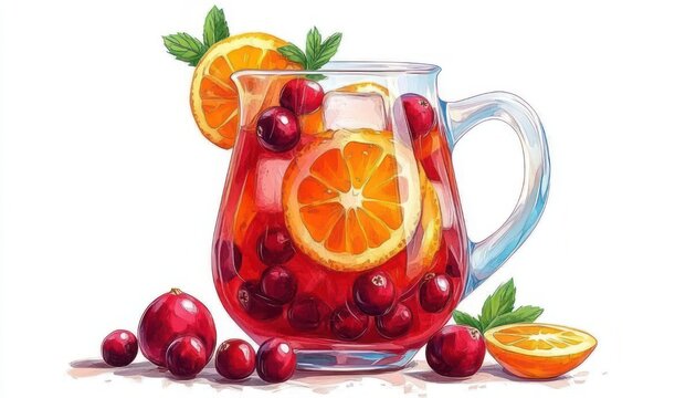 Bright pitcher of red fruit punch with orange slices, whole cranberries, ice cubes and mint leaves, halved orange on table, refreshing cheerful scene