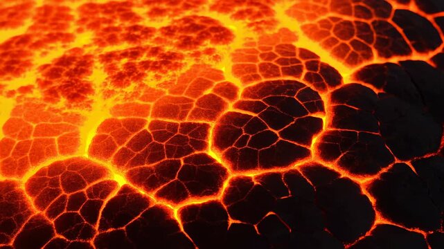 Cooling lava crust with widening fissures revealing glowing molten magma under dramatic high contrast light, close view of fractured volcanic surface with intense heat and vivid fiery color