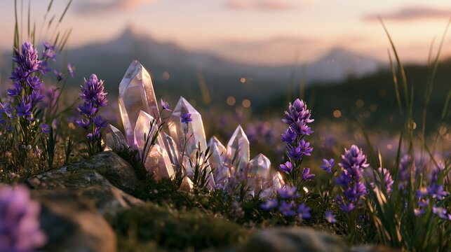 Natural quartz crystal formation emerging from rocky ground surrounded by purple flowers.