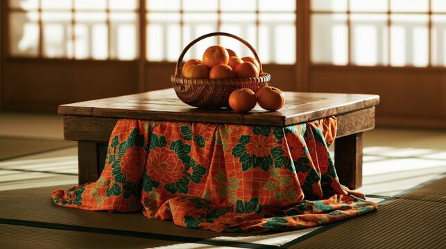 Traditional japanese kotatsu table with a basket of mikan oranges in a room.