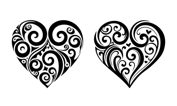 Set of two Maori style ornamental hearts with koru swirls, Aroha and Arohanui love concept vector illustration isolated on white background