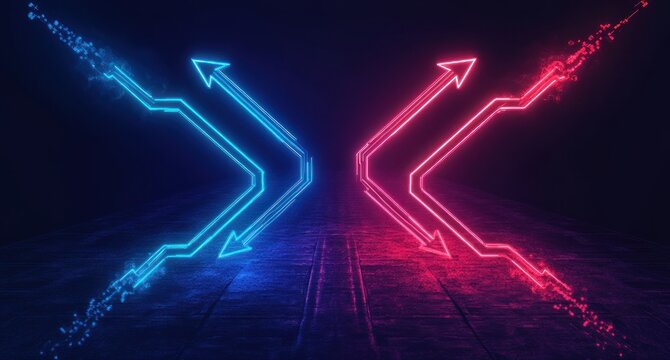 symmetrical neon arrow circuits in blue and pink converging over a dark reflective floor, futuristic energetic tension and digital rivalry