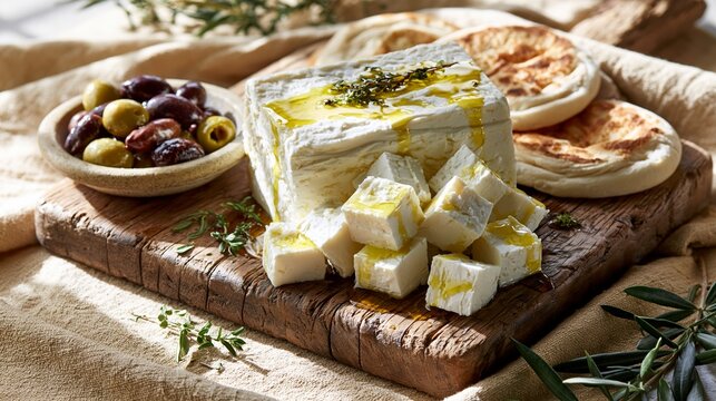 Gourmet feta cheese with olive oil and green herb topping on rustic wooden serving board.