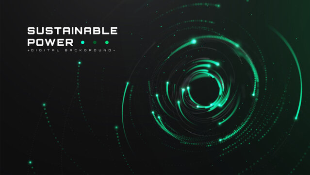 Sustainable Energy Background, Advanced Green Technology With Cyber Data Network. Dynamic Glow Neon Spiral Graphic Design And Smart Bright Light Modern Future. Vector Illustration.