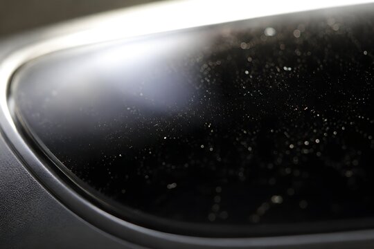 Microscopic dust particles highlighted on shiny black surface of idle charging unit