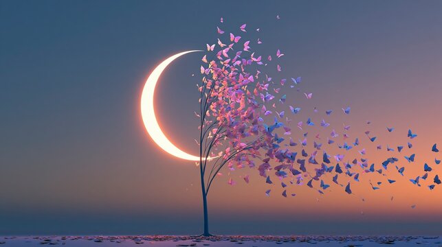 Minimalist digital art featuring lone tree transforming into colorful flock of butterflies.
