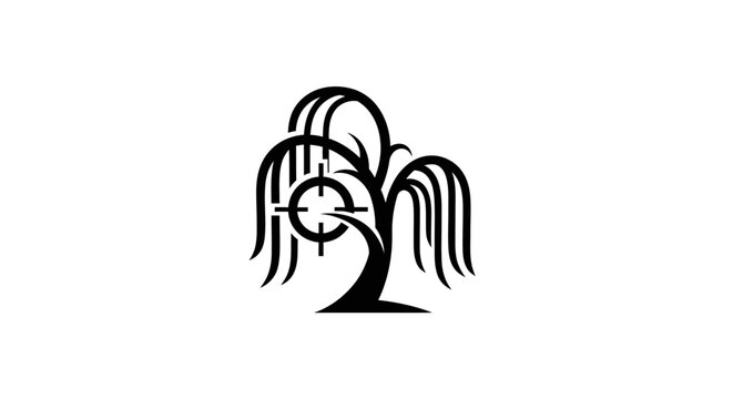 Stylized weeping willow tree with clock face design.