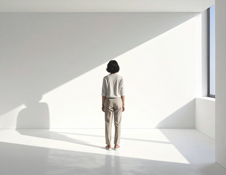 Woman standing in bright white room with light casting long shadows