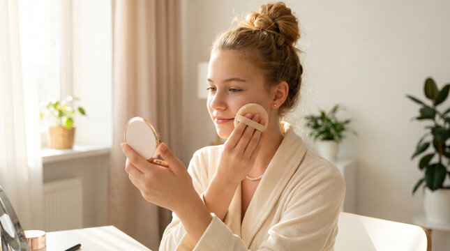 Adolescent girl applying face powder with calm focus in a bright room
