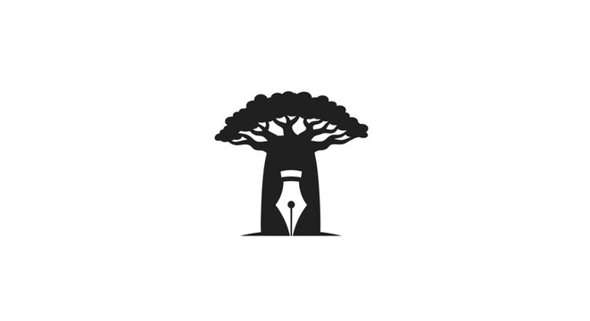 Silhouette of baobab tree with thick trunk and branches.