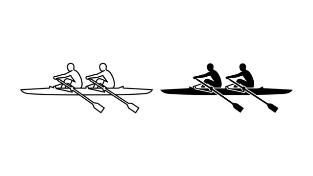 Rowing Duo: Two individuals in a rowing boat, depicted in both line art and silhouette, propel forward with synchronized strokes, embodying teamwork and athletic endeavor.