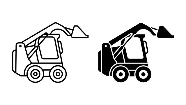 Skid Steer Loader Icon Set: A clean, vector graphic set featuring a skid steer loader in both outline and solid black silhouette styles, perfect for representing construction, landscaping.