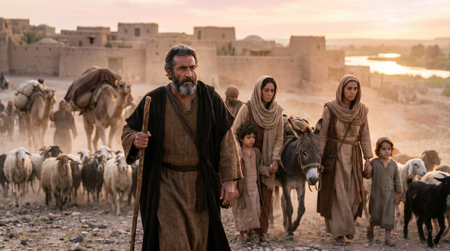 Jacob and his family departing at dawn with flocks in a biblical setting