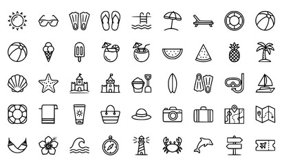 summer, beach, vacation, holiday, sun, sunglasses, flippers, swimming, pool, icecream, tropical, travel, umbrella, surfboard, palm, seashell, ocean, sunshine, cocktail, seaside, outline, line, icon, v © MstFahima