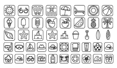 summer, beach, holiday, vacation, sun, flippers, sunglasses, swimming, pool, icecream, tropical, umbrella, surf, palm, ocean, travel, coconut, pineapple, seashell, sunshine, outline, icon, vector, edi © MstFahima
