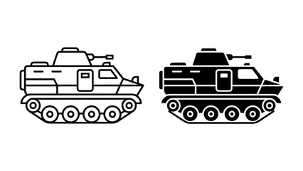 Armored Personnel Carrier Icons: Clean and stylized vector illustrations of an armored personnel carrier (APC), presented in both outline and silhouette versions. © mrs
