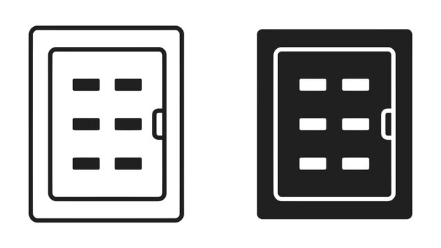 Electrical Panel Icons: Two simplified icons representing an electrical fuse box or breaker panel, one in outline and the other in solid black, symbolizing power distribution and home safety.