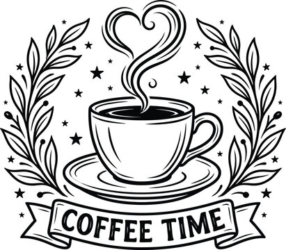 Coffee cup with steam forming a heart shape surrounded by laurel leaves and stars Vector illustration 