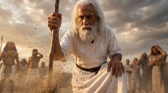 Biblical figure Aaron kneeling in reverence striking dust with his staff in a dramatic cloud setting. An invasion of gnats, the third plague of Egypt