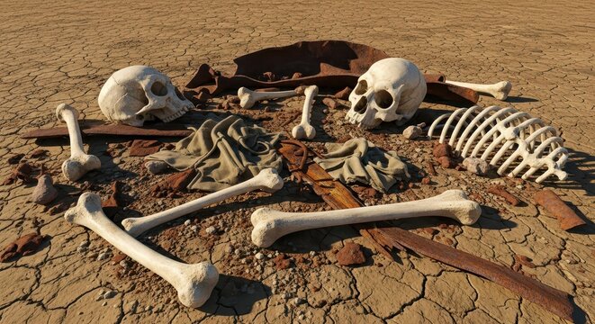 Scattered Human Bones and Skulls in Dry, Cracked Earth