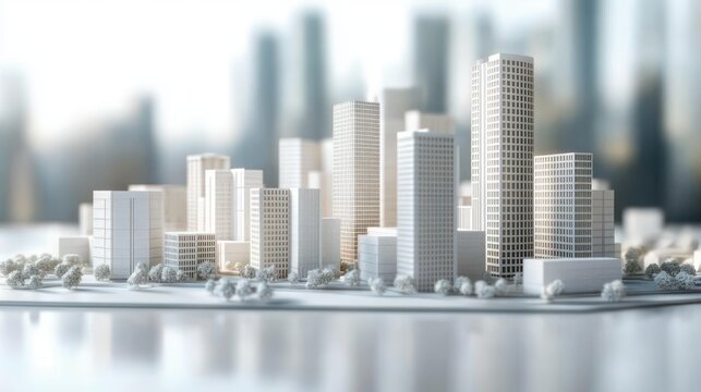 white architectural city scale model with skyscrapers and mid-rise buildings, tiny trees on a reflective base and blurred skyline backdrop conveying a calm minimalist planning mood