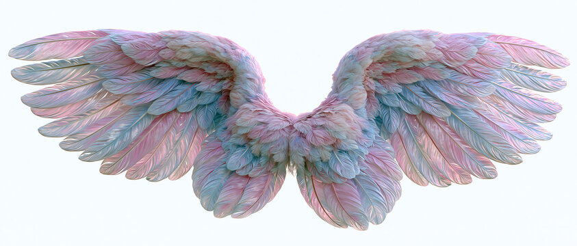 Asas de anjo fofas em tons pastel rosa e azul. Ilustra&ccedil;&atilde;o 3D detalhada isolada no fundo branco, ideal para ch&aacute; revela&ccedil;&atilde;o, batizado e convites