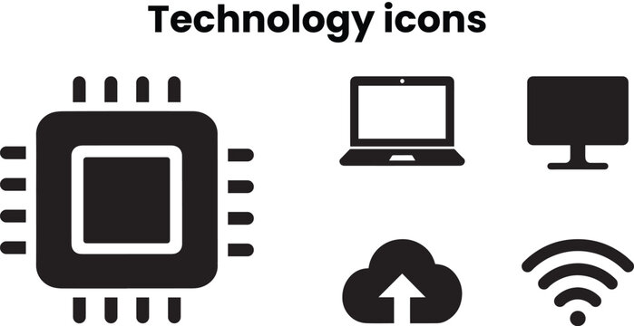 Technology Glyph Icon Set with Computer, Cloud Computing, WiFi and Hardware Symbols