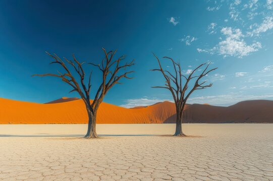 two skeletal trees on cracked white clay pan before towering orange sand dunes under a deep blue sky, evoking solitude and timeless stillness