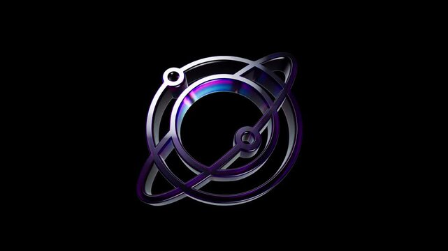 Abstract metallic atom icon with glowing purple and blue reflections on a dark background 3D Icon