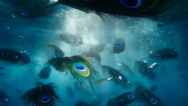 Iridescent peacock feathers drifting and rotating through turquoise water with radiant sunbeams, rising bubbles, cobalt and emerald eye patterns, soft aquatic glow