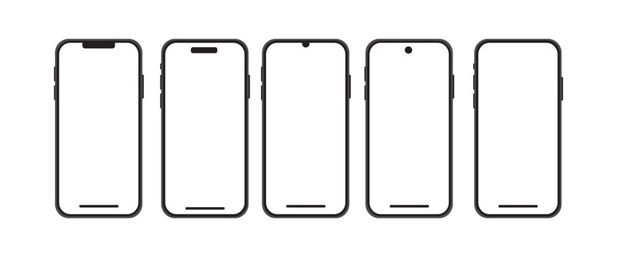 Mobile phone mockup set vector with blank screen, modern smartphone frame collection, realistic mobile device templates, different bezel and notch display designs