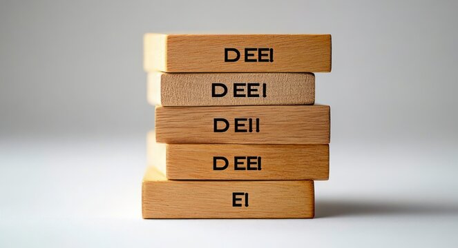 five stacked wooden blocks with black printed letters on a neutral background, calm minimalist balanced composition