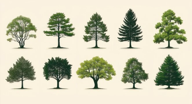 Eleven stylized tree silhouettes in two rows on a pale background, varied canopies and trunks, calm botanical study evoking a serene and peaceful mood