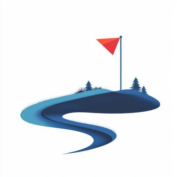 Minimalist golf green on a small grassy hill with a red triangular flag, winding blue fairway or water feature, two pine trees, calm serene scene