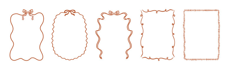 Hand drawn vintage wavy frame templates with bow for wedding invitations, greeting cards, birthday, friendsmas, menus and modern coquette stationery design. Vector design. © JuulDu
