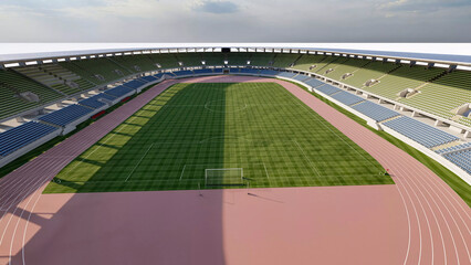 Obraz premium Large multi-purpose athletics stadium with running track, soccer field, and expansive seating designed for international sporting events and outdoor competitions.