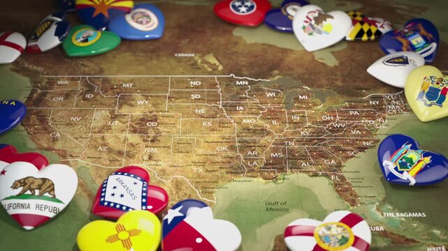Map of USA United Stetes of America and hearts with flags of states. Travel and tourism concept. 3d
