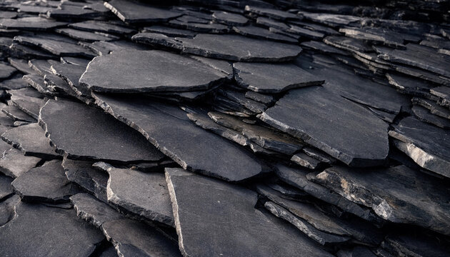 Wide angle view of stacked dark grey slate stone slabs showing natural mineral textures and rough edges for architectural construction