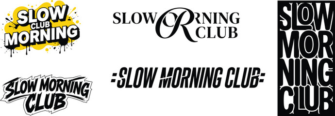 Slow Morning Club, diverse typography vector set, modern and retro style text designs, creative graphic resources for branding and apparel, black and yellow elements © Raihan