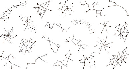 Collection of hand-drawn constellations and star patterns on a white background. © Pink