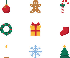 Fototapeta premium Christmas Holiday Flat Vector Icon Set Featuring Bauble, Gingerbread Man, Candy Cane, Wreath, Gift Box, Stocking, Candle, Snowflake, and Christmas Tree