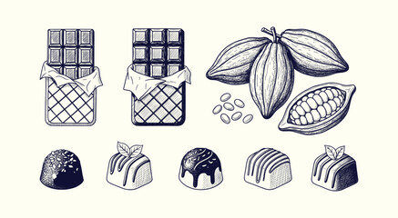 Hand drawn chocolate bars and cocoa pods sketch set. Vintage engraved style sweet candy collection. © Tajul